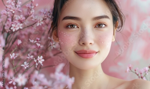 High-quality crop photo of skincare and cosmetics concept with copy space for text. Woman with beautiful face touching healthy facial skin portrait. Beautiful happy Asian girl model.