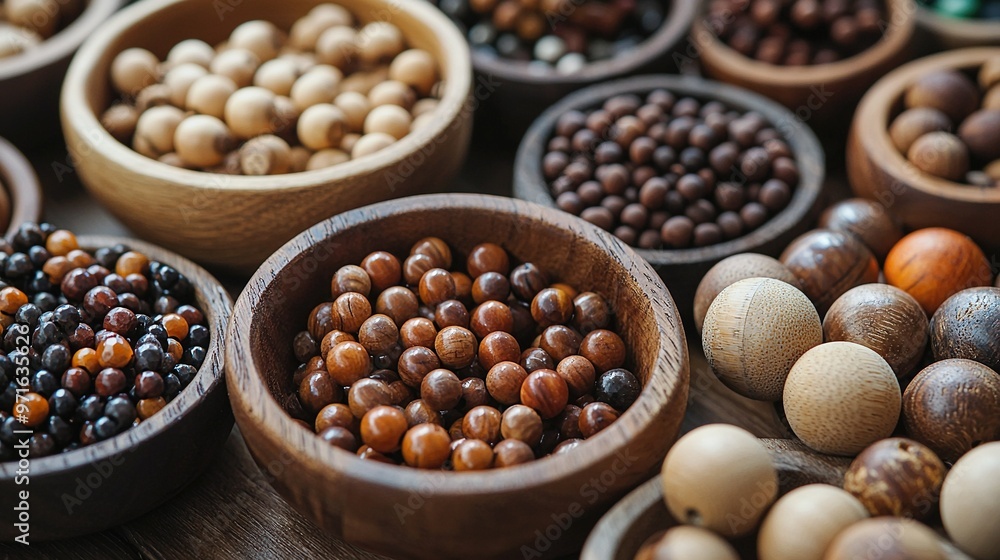 A wooden table holds various bowl-topped nuts A wooden table holds various bowl-topped nuts