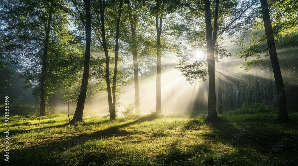 Fototapeta premium A serene forest scene with sunlight filtering through trees, creating a tranquil atmosphere.