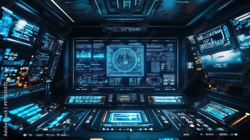 Fototapeta premium Futuristic control room with advanced displays and interfaces for data analysis.