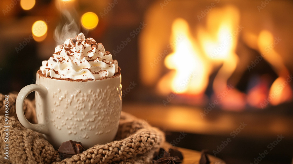 A cozy winter scene with a steaming mug of hot chocolate topped with whipped cream and a sprinkle of cocoa, nestled by a fireplace