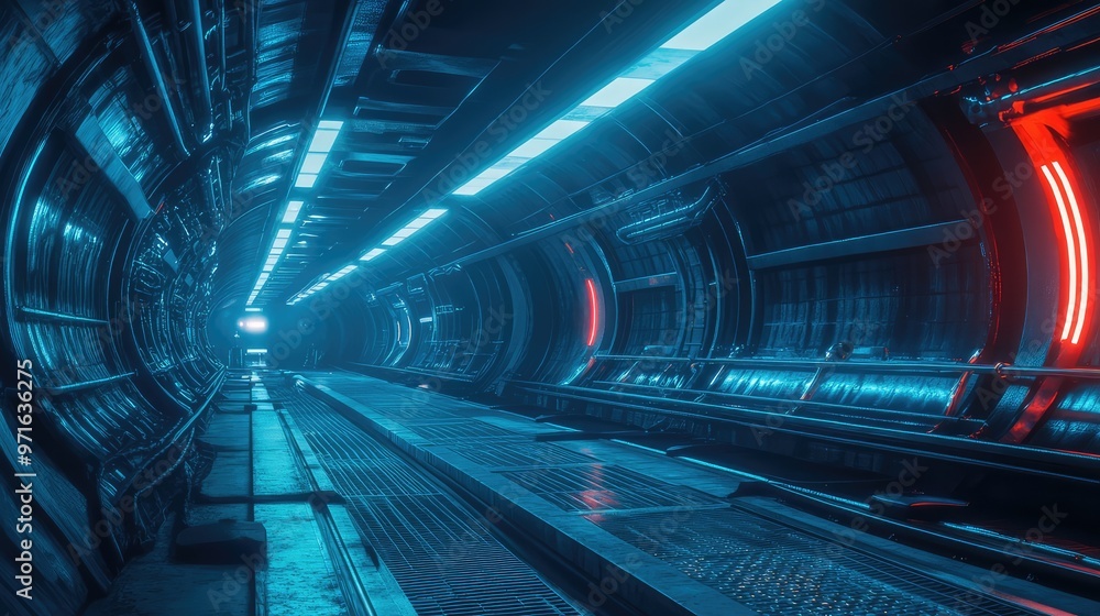 Obraz premium Futuristic Cyber Hangar Tunnel. AI generated illustration