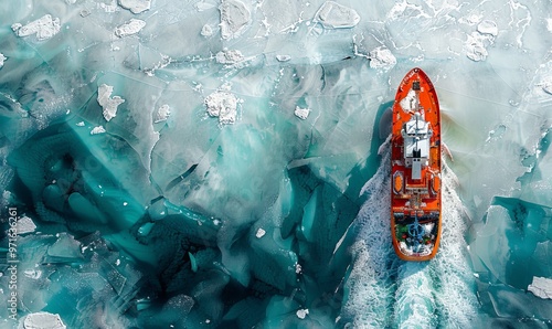 Minimalistic aerial view of an orange icebreaker in sea ice
