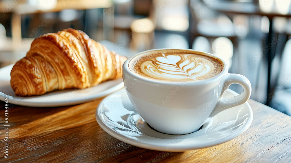 A steaming cup of coffee with latte art, accompanied by a croissant on a cozy café table A steaming cup of coffee with latte art, accompanied by a croissant on a cozy café table