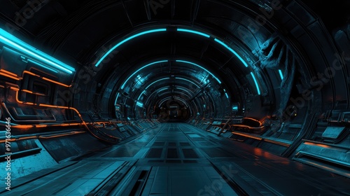 Futuristic Cyber Hangar Tunnel. AI generated illustration