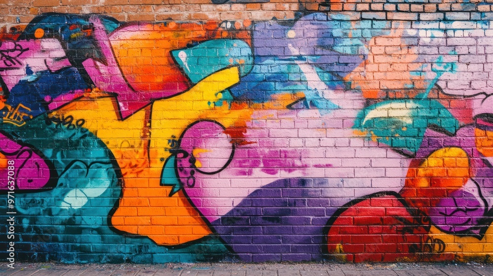 Vibrant street art mural featuring colorful abstract shapes and graffiti styles. Vibrant street art mural featuring colorful abstract shapes and graffiti styles.