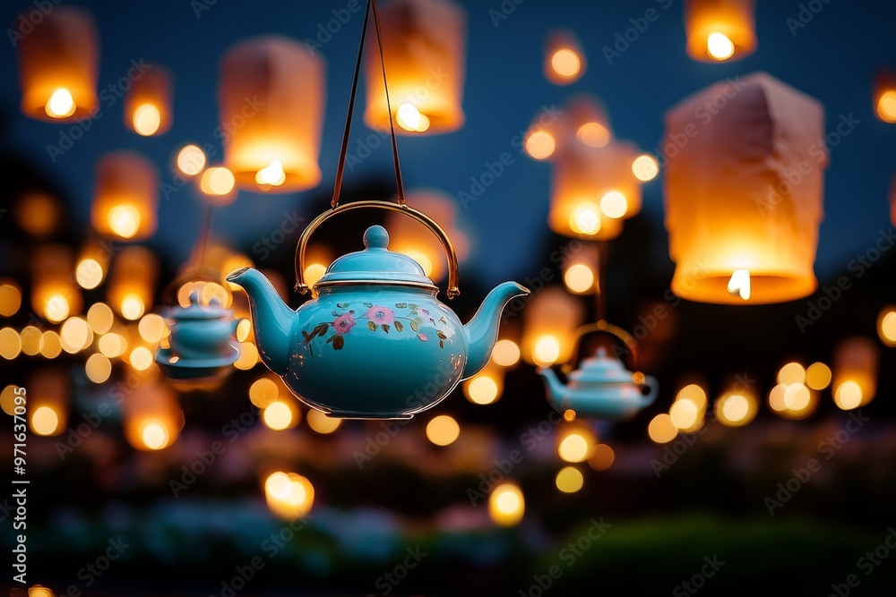 A whimsical floating tea party, with teapots and cups suspended in the air, surrounded by glowing lanterns in the night sky A whimsical floating tea party, with teapots and cups suspended in the air, surrounded by glowing lanterns in the night sky