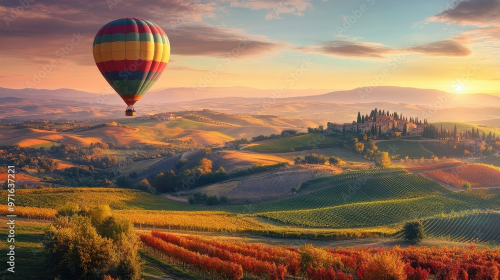 Fototapeta premium Sunrise over Tuscan Vineyards with Hot Air Balloon