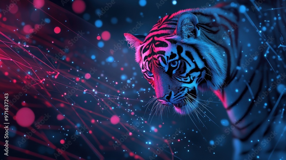 A stylized tiger in vibrant colors against a dark background, emphasizing digital art aesthetics. A stylized tiger in vibrant colors against a dark background, emphasizing digital art aesthetics.