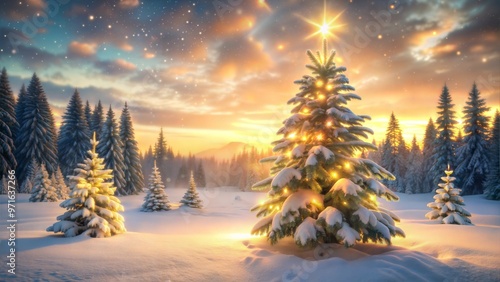 Snow-covered Christmas tree with lights in a winter landscape at sunset, illustration