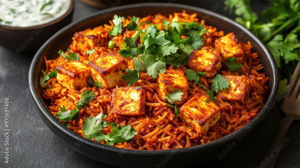 A delicious plate of paneer biryani, garnished with fresh herbs and served with raita and salad A delicious plate of paneer biryani, garnished with fresh herbs and served with raita and salad