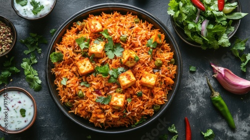 Wallpaper Mural A delicious plate of paneer biryani, garnished with fresh herbs and served with raita and salad Torontodigital.ca