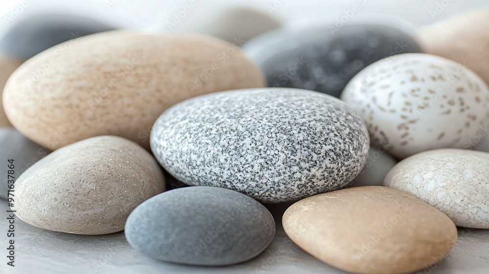 A variety of colored stones arranged on a white countertop with black and white mottling A variety of colored stones arranged on a white countertop with black and white mottling