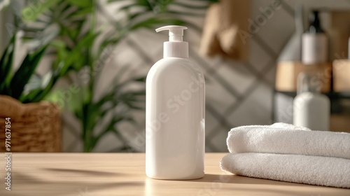 A white pump bottle next to folded towels, set in a serene, plant-filled environment.