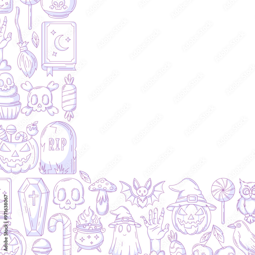 Obraz premium Halloween minimalist vector square poster, space for text. Corner frame with spooky purple icons from pumpkin, ghost, skull and bones, bat. For card, banner, invitation, social media, party or note