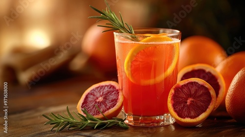 A refreshing drink garnished with citrus and rosemary, surrounded by fresh oranges.