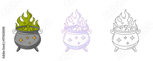 Cauldron with magic potion, colorful and line icons set. Traditional halloween symbol. Vector flat icon, monochrome purple, color, outline illustration. For logo, sticker, coloring book, label, print