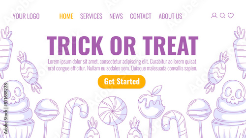 Halloween minimalist landing page vector template. Holiday flat illustration, bottom frame with sweets purple icons from lollipop, candy cane, cupcake with skull. For website, web page, online, banner