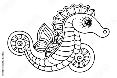 Seahorse coloring page for adult vector cartoon illustration