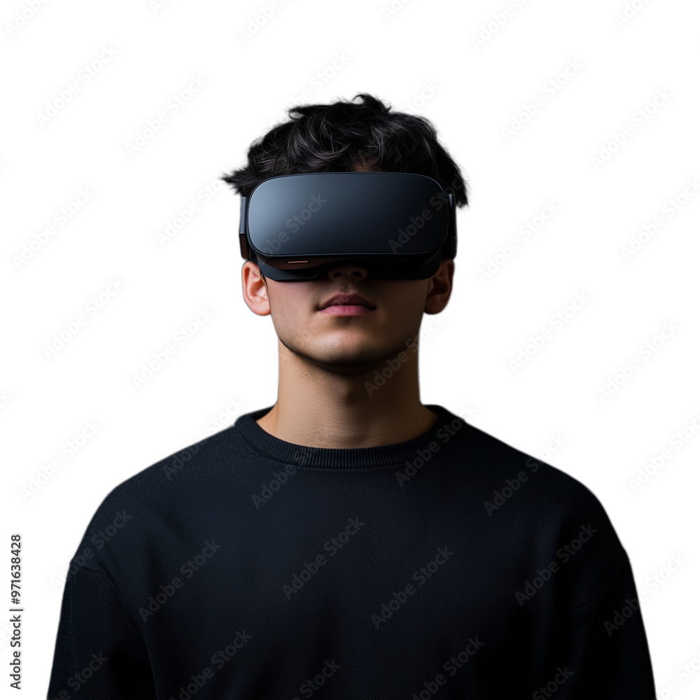 Young man wearing a VR headset, fully immersed in a virtual environment Young man wearing a VR headset, fully immersed in a virtual environment