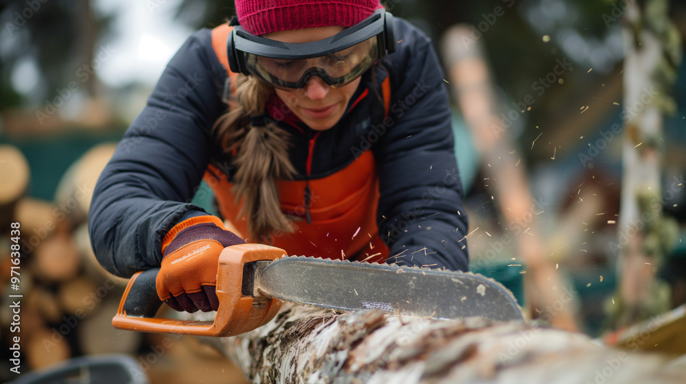 Woman cutting wood outdoors using electric saw, wearing safety gear. Woman cutting wood outdoors using electric saw, wearing safety gear.