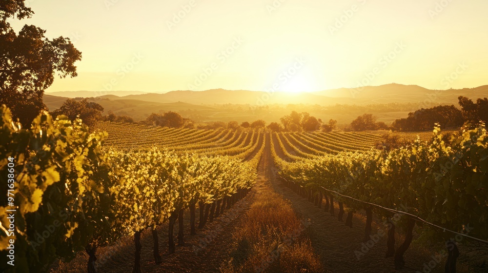 Naklejka premium A serene vineyard landscape at sunset, showcasing rows of grapevines under a golden sky.
