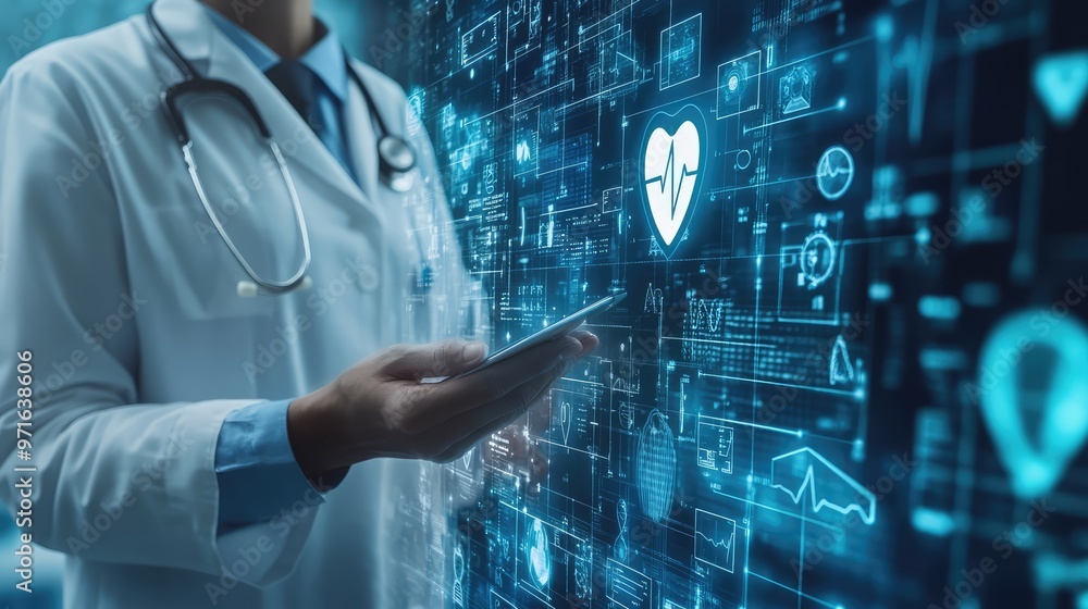Doctor with Health Icon and Electronic Medical Record. AI generated illustration. Doctor with Health Icon and Electronic Medical Record. AI generated illustration.