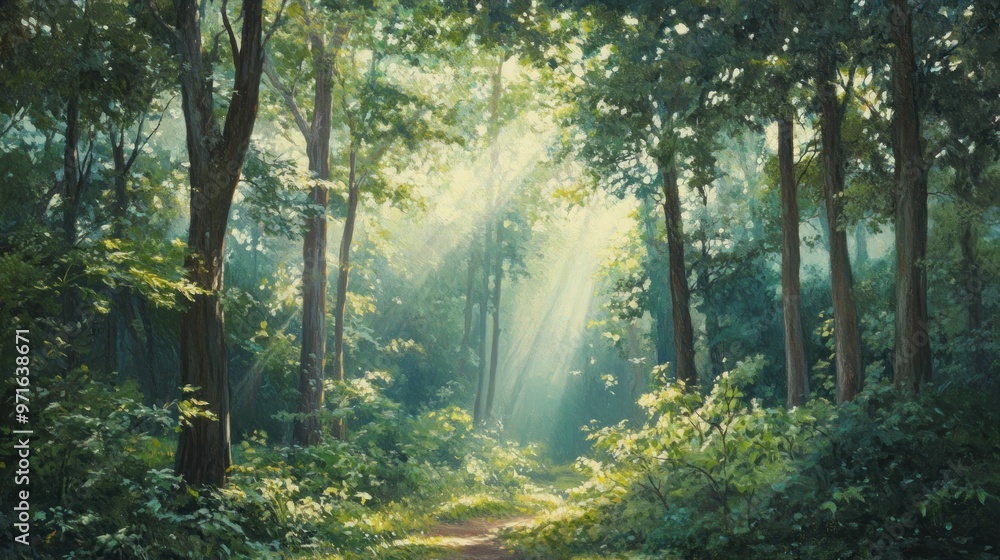 Fototapeta premium Sunbeams Filtering Through Dense Forest Canopy