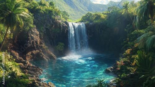 Tranquil Waterfall in Lush Tropical Jungle
