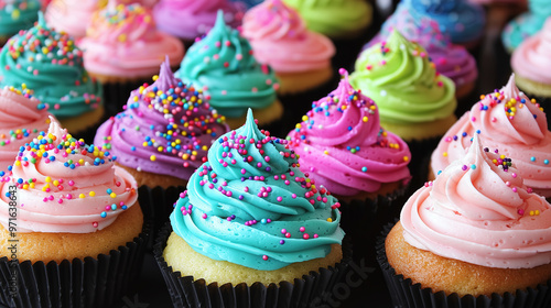 beautifully decorated cupcakes, each topped with rich, creamy frosting in shades of pink, blue, and green 