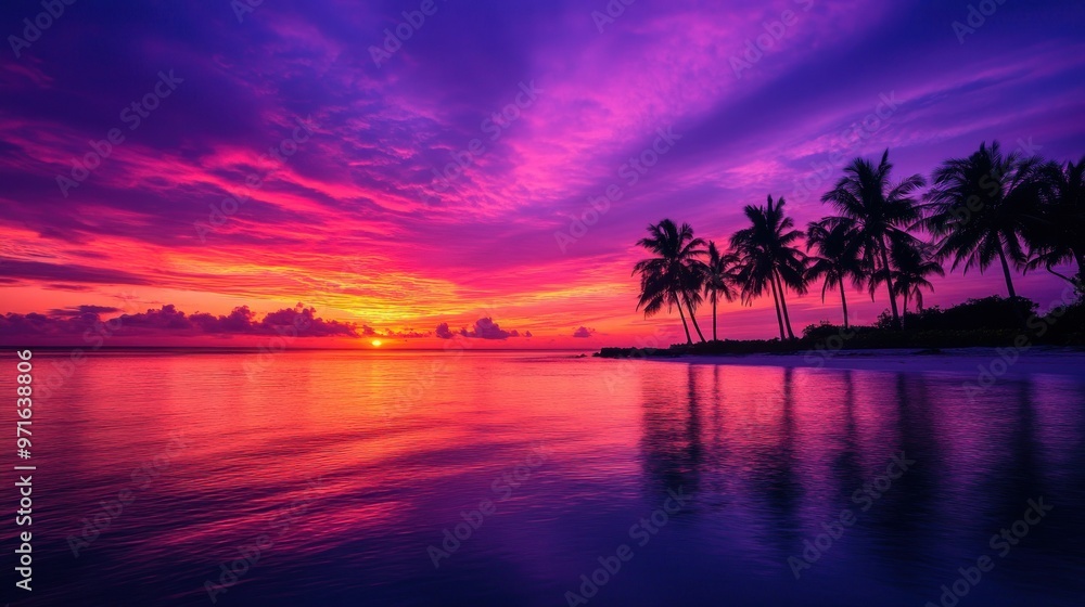 A vibrant sunset over a tranquil beach with palm trees silhouetted against the colorful sky. A vibrant sunset over a tranquil beach with palm trees silhouetted against the colorful sky.
