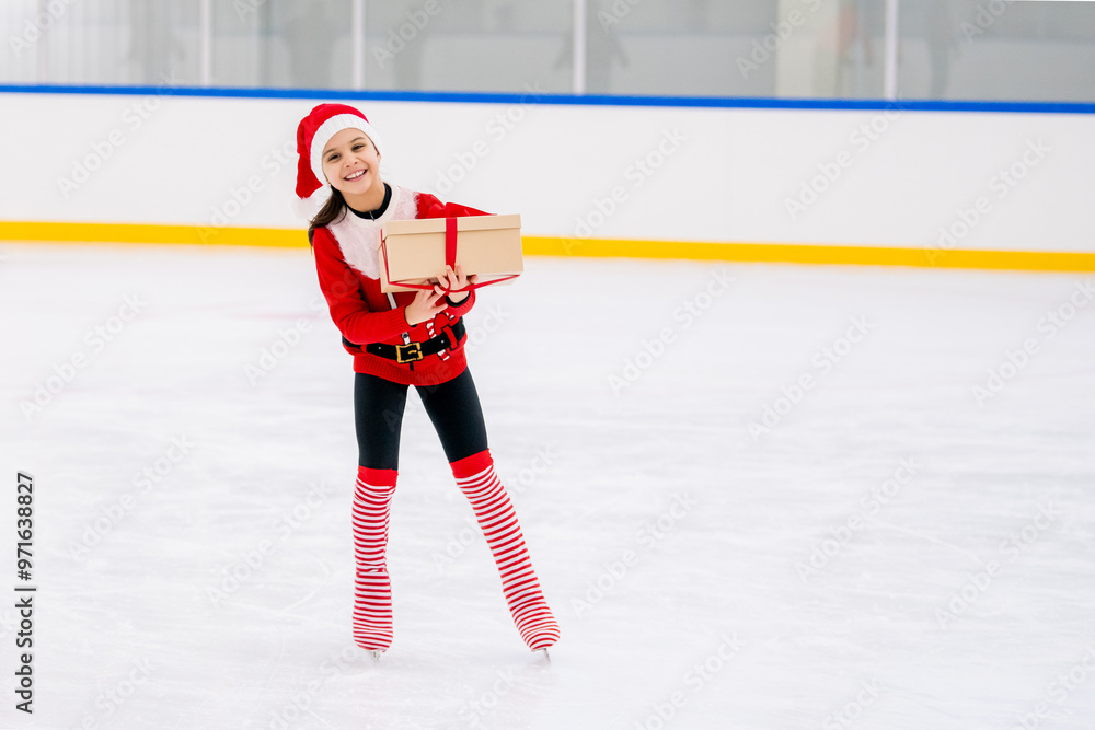 Obraz premium Little girl figure skater in Santa Claus costume with a gift in her hands skates on the ice arena.