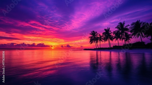 A vibrant sunset over a tranquil beach with palm trees silhouetted against the colorful sky.