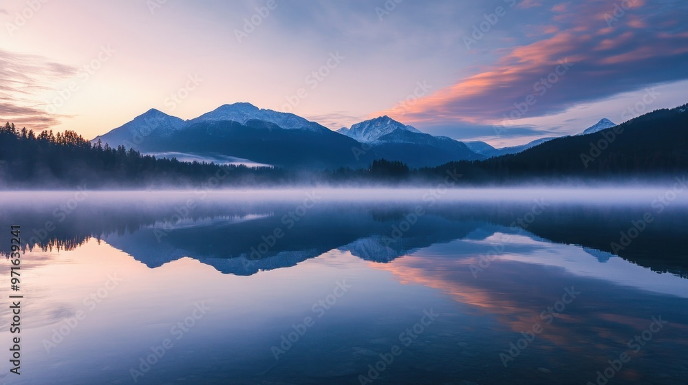 Obraz premium Serene lake reflecting mountains at sunrise with mist and vibrant clouds.