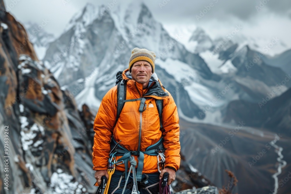 Adventurous male mountaineer on rugged mountain slope in winter gear AI Adventurous male mountaineer on rugged mountain slope in winter gear AI