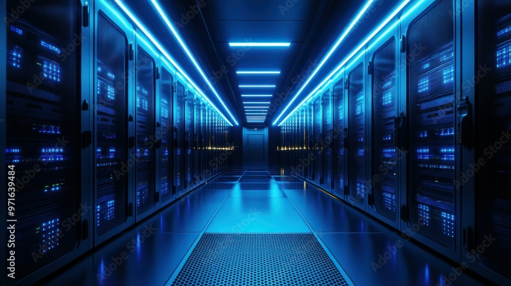 Fototapeta premium A dimly lit server room with blue LED lights illuminating rows of data storage units.