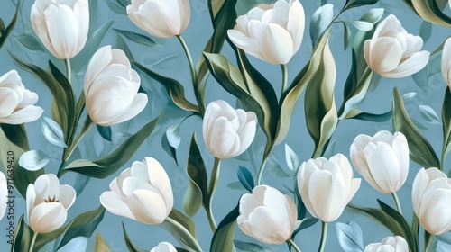 Floral pattern with white tulips and soft blue leaves generative ai