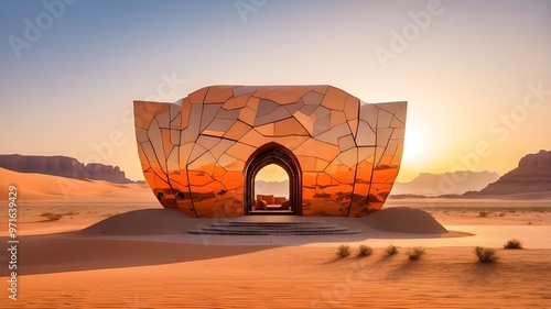 As the focal point, Village cover design fort features modern art in red tones with graphics.Old walls of Diriyah old town and modern arab restaraunt illuminated at night, Riyadh, Saudi Arabia
 photo