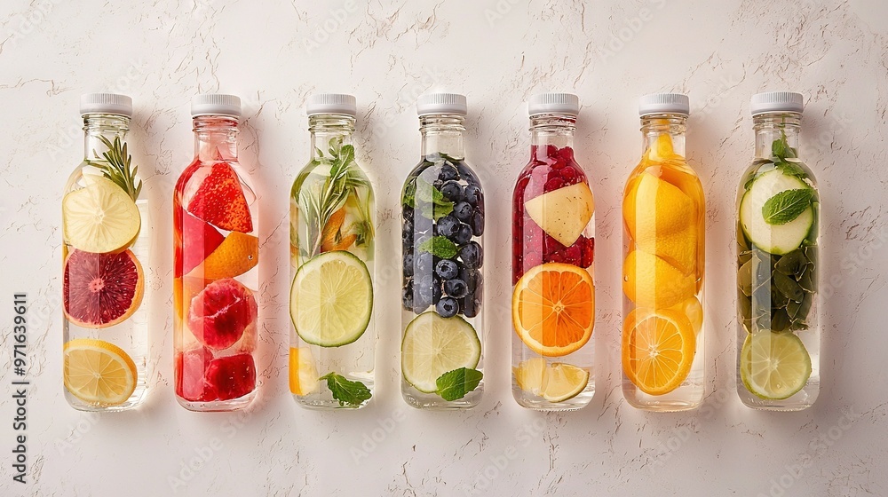 Filled with diverse fruits and veggies within glass bottles in a row Filled with diverse fruits and veggies within glass bottles in a row