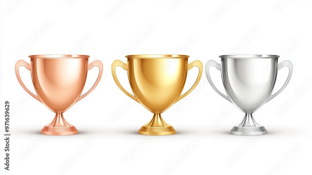 Collection of champion cups including golden silver and bronze bowls in a 3D vector realistic cartoon design This set of sport tournament awards highlights a champion trophy collection Collection of champion cups including golden silver and bronze bowls in a 3D vector realistic cartoon design This set of sport tournament awards highlights a champion trophy collection