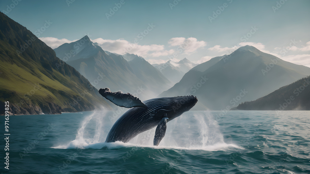 Fototapeta premium Massive whale jumping out of water playing in water