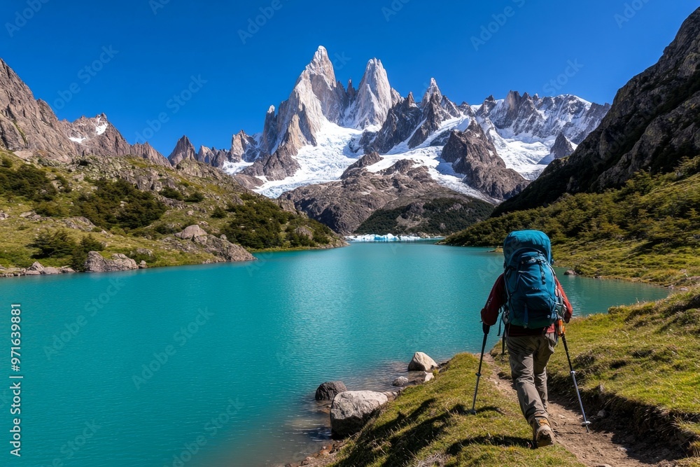 Naklejka premium A hiker trekking through Patagonia, crossing glaciers and emerald lakes with the jagged peaks of the Andes in the background