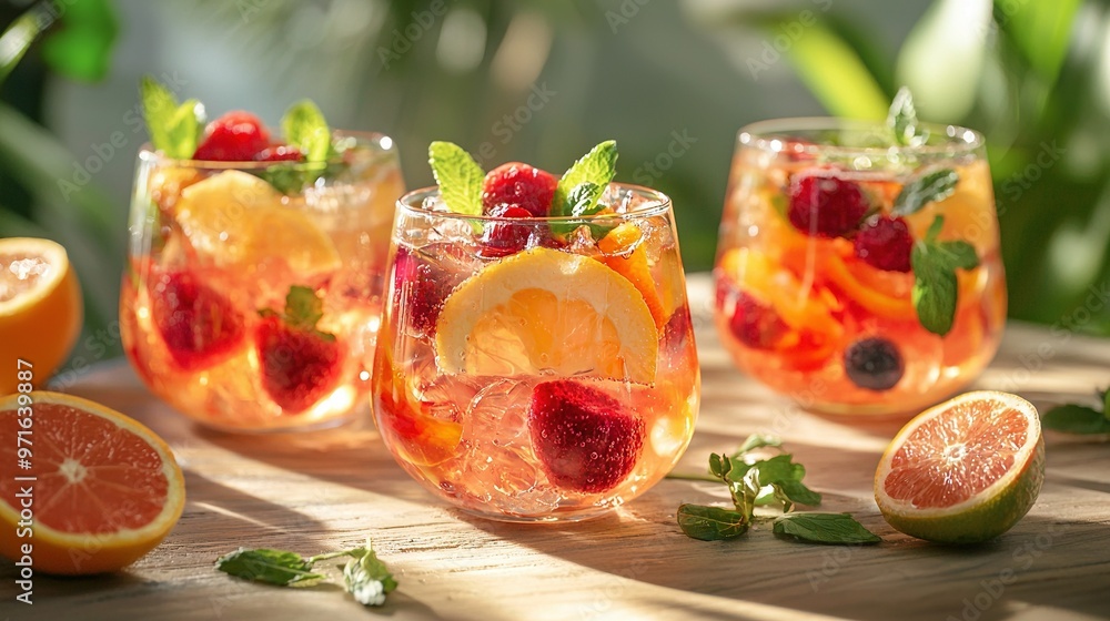 A table topped with glasses filled with fruit and vegetables next to slices of oranges and raspberries A table topped with glasses filled with fruit and vegetables next to slices of oranges and raspberries