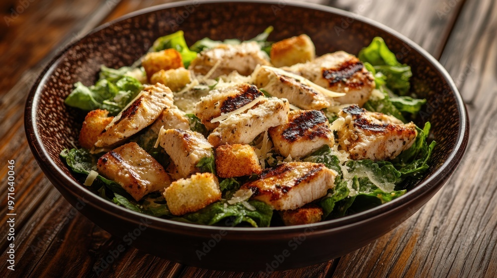 A delicious salad featuring grilled chicken, croutons, and leafy greens in a bowl. A delicious salad featuring grilled chicken, croutons, and leafy greens in a bowl.