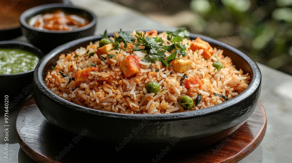 A festive meal setup featuring paneer biryani, served with side dishes and garnished with coriander A festive meal setup featuring paneer biryani, served with side dishes and garnished with coriander