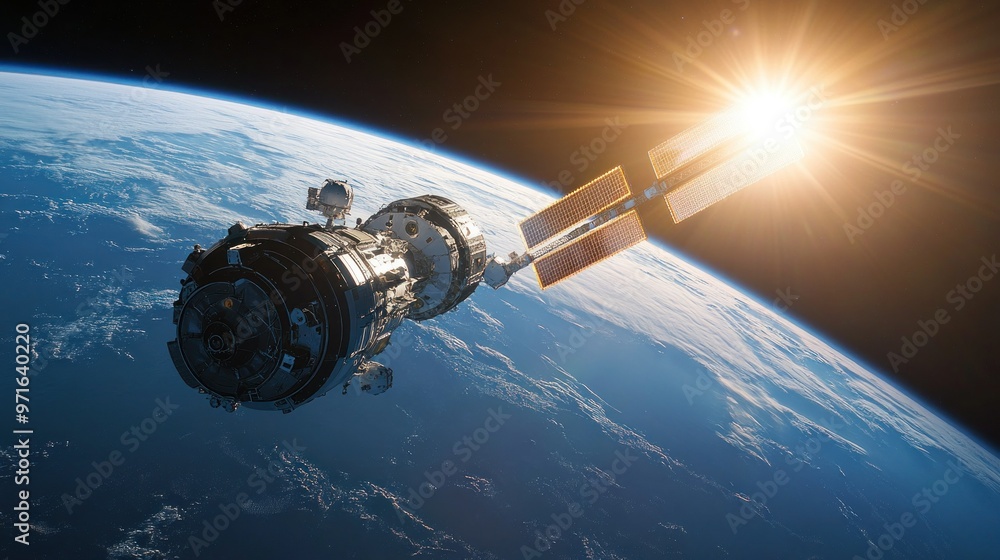 A spacecraft or satellite orbits Earth, capturing sunlight in the vastness of space. A spacecraft or satellite orbits Earth, capturing sunlight in the vastness of space.