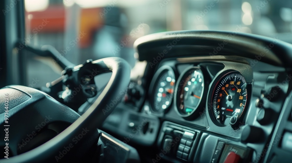 Interior view of a truck's dashboard showcasing gauges and controls. Interior view of a truck's dashboard showcasing gauges and controls.