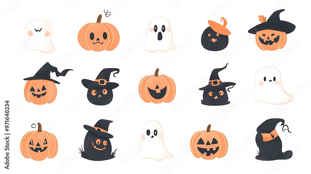 Halloween-themed cartoon set with cute characters like witches, ghosts, and pumpkins, all on a clean white background Halloween-themed cartoon set with cute characters like witches, ghosts, and pumpkins, all on a clean white background