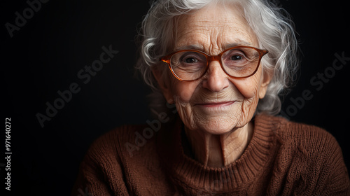 portrait of an elderly woman whose gentle smile warms the heart. Her silver hair peeks from under a brown sweater 