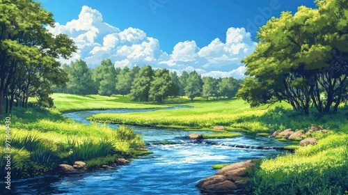 A Tranquil River Winding Through a Lush Green Forest Under a Blue Sky with White Clouds